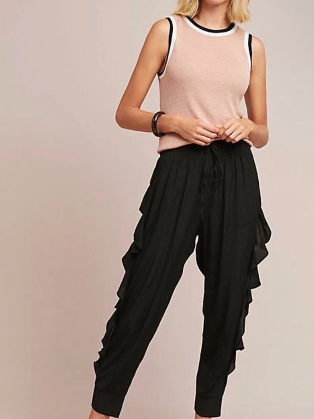 Anthro Greylin Edie Sachi Ruffle Jogger Pants Black High Rise Draped XS Rare